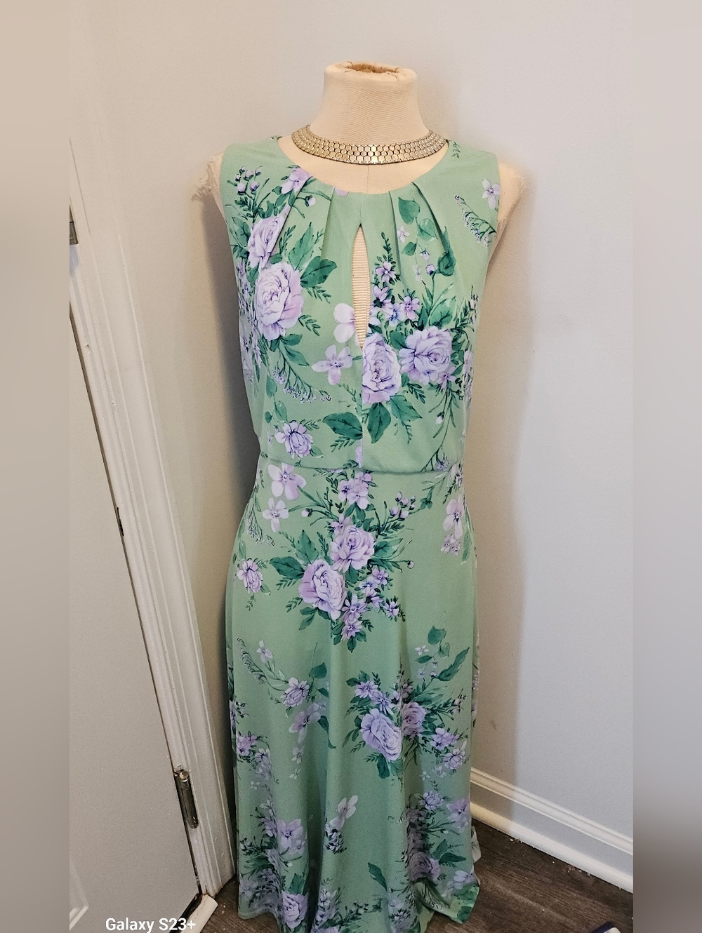 London Times Mint Green Floral Midi Dress with Lilac Blooms